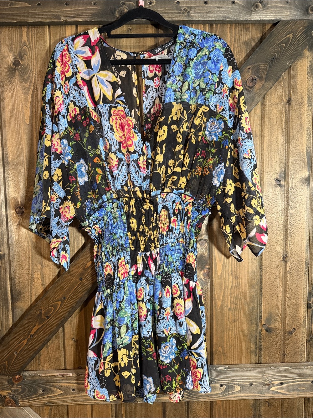 Zara Multicolor Floral Patchwork V-Neck Dress